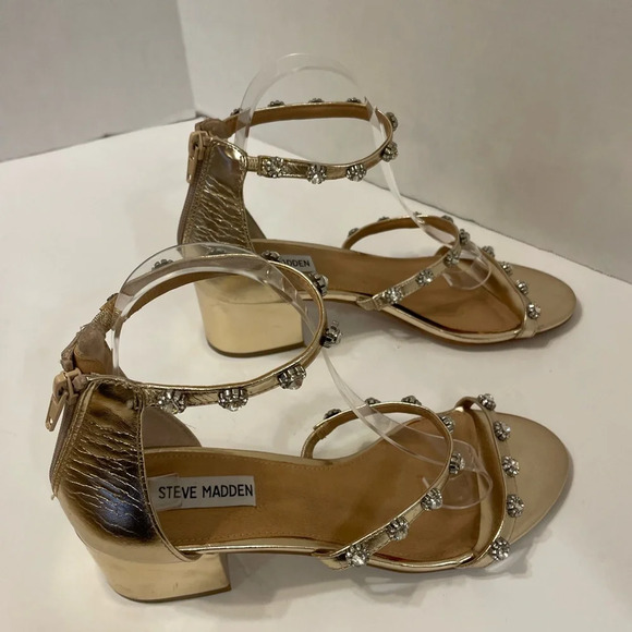 Steve Madden gold strappy heels sandals shoes with floral rhinestones size 9 M - Picture 5 of 8